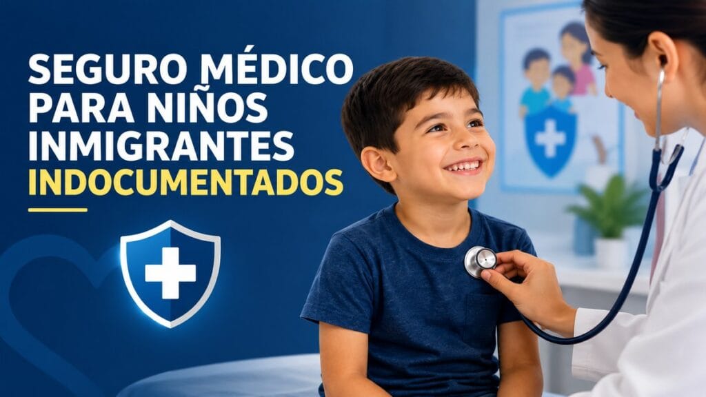 Niño latino durante una revisión médica con una doctora, en una clínica pediátrica, junto a un diseño sobre seguro médico para niños inmigrantes indocumentados.