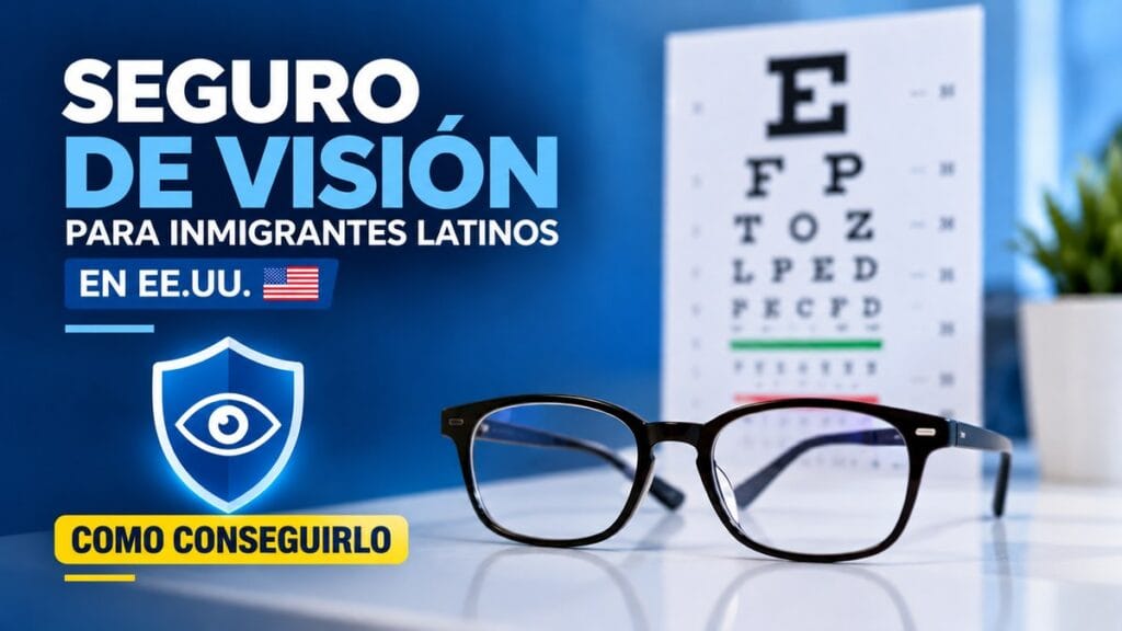 Gafas sobre una mesa de consulta óptica, con una tabla de visión desenfocada y un diseño azul sobre cómo conseguir seguro de visión para inmigrantes latinos en EE. UU.