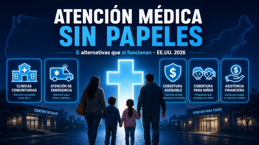 Personas caminando hacia una gran cruz médica azul brillante, con el mensaje ‘Atención médica sin papeles’, representando acceso sanitario sin trámites.