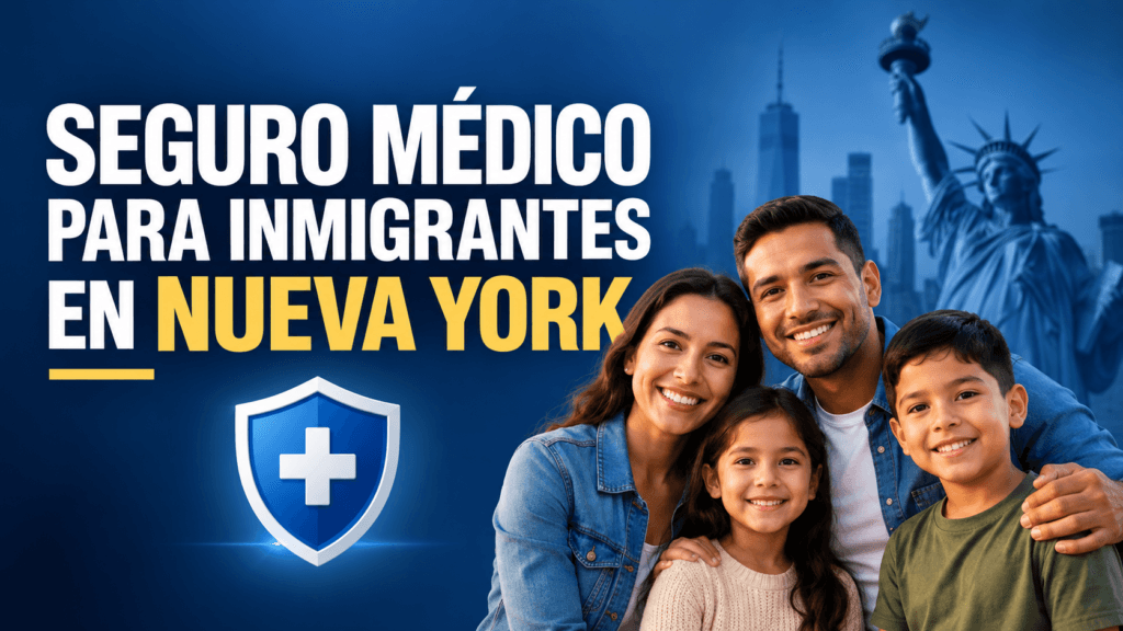 Familia latina junto a un diseño de seguro médico para inmigrantes en Nueva York, con la Estatua de la Libertad y el perfil urbano de Manhattan difuminados al fondo