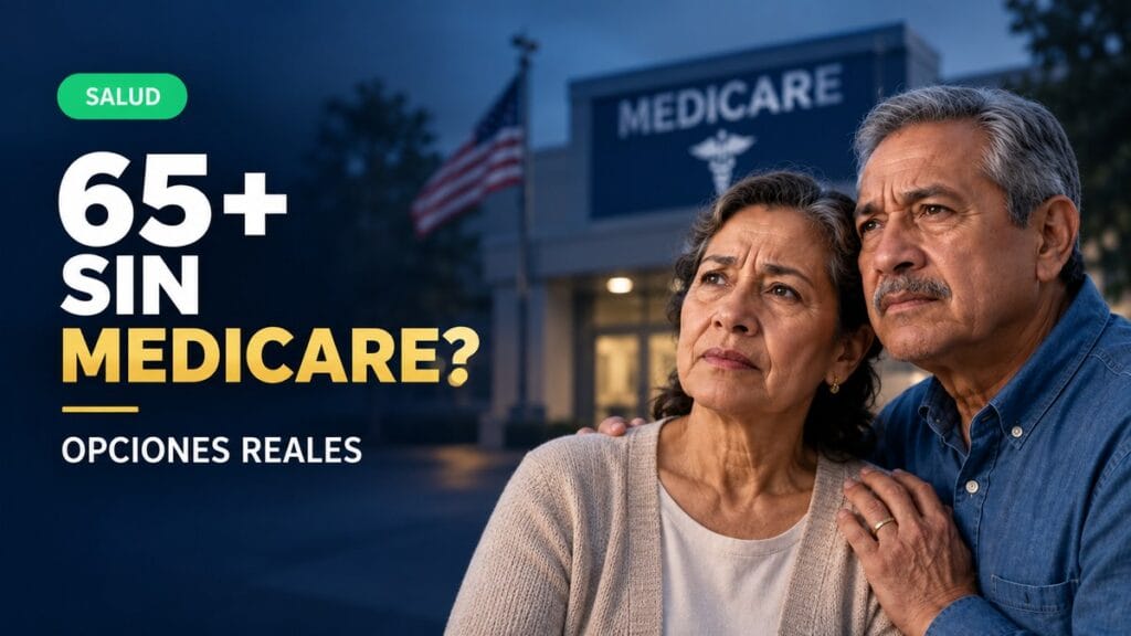 Pareja latina mayor frente a un centro de Medicare, con un diseño sobrio en azul oscuro y el mensaje sobre opciones de cobertura para personas mayores de 65 años sin Medicare.