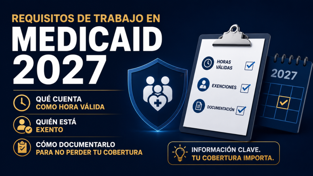 Gráfico sobre los requisitos de trabajo en Medicaid 2027 con horas válidas, exenciones y documentación