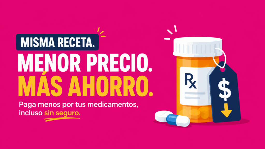 Un bote de medicamentos con una etqiueta con el simbolo del dólar, con el texto: menor precio, más ahorro. Sobre un fondo rosa brillante