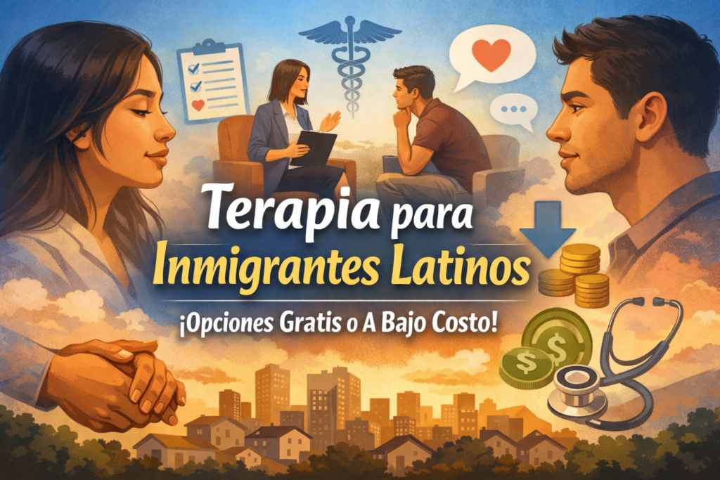 De fondo, una Persona latina durante una sesión de terapia de salud mental en una clínica comunitaria. En primer plano un hombre y una mujer cara a cara