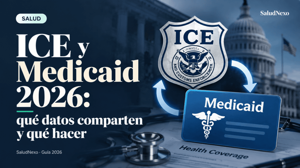 Documento de Medicaid junto a símbolos de control migratorio en Estados Unidos