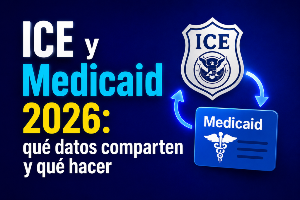 Documento de Medicaid junto a símbolos de control migratorio en Estados Unidos