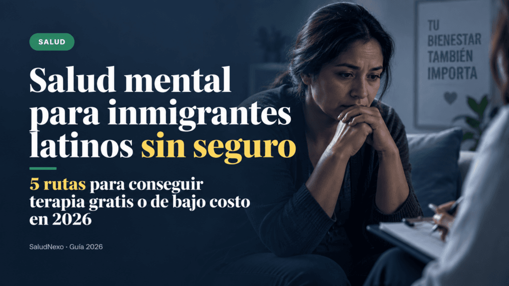 Mujer latina en una sesión de terapia con una profesional, junto a un diseño editorial sobre opciones de salud mental gratuitas o de bajo costo para inmigrantes sin seguro.