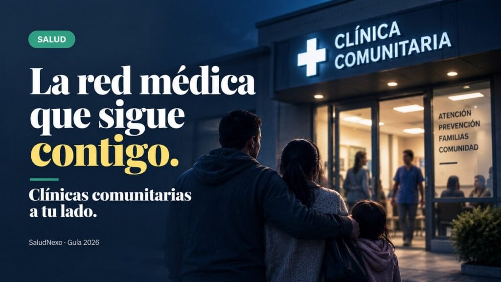 Familia latina llegando a una clínica comunitaria iluminada, con profesionales sanitarios en el interior y un diseño editorial sobre acceso a servicios médicos comunitarios.