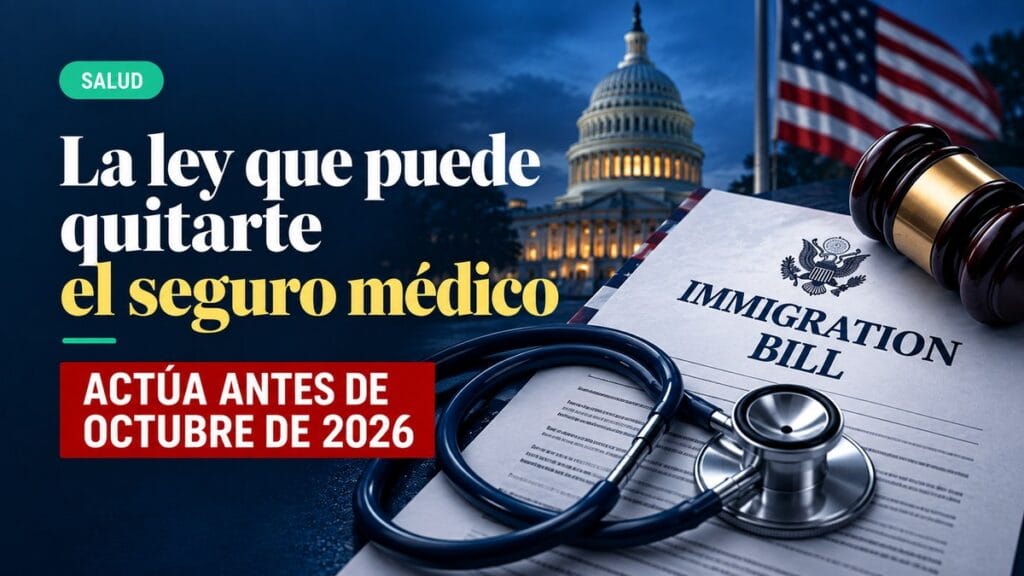Composición editorial sobre una ley de inmigración y su posible relación con el seguro médico, con el Capitolio de EE. UU., un documento legal, un mazo judicial y un estetoscopio