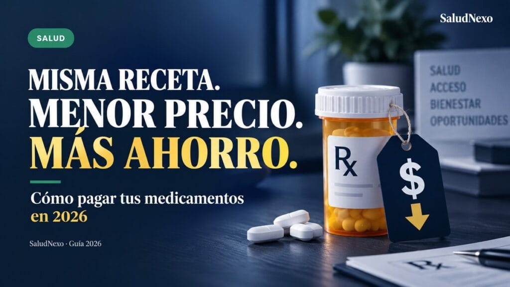 Frasco de medicamentos con pastillas y una etiqueta con símbolo de dólar, sobre un escritorio junto a documentos médicos, ilustrando el ahorro en medicamentos.