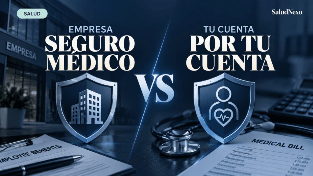 Comparativa visual entre un seguro médico ofrecido por una empresa y un seguro contratado por cuenta propia, con escudos, documentación, estetoscopio y factura médica sobre un fondo azul oscuro.