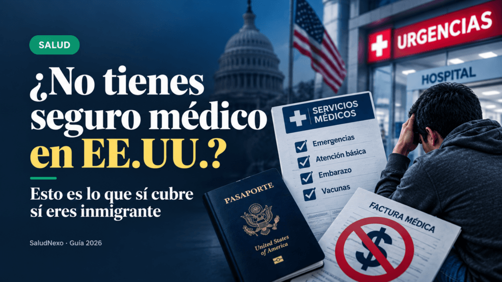 Diseño editorial sobre la atención médica sin seguro en EE. UU., con un hombre frente a un hospital, una lista de servicios médicos, un pasaporte y una factura médica, sobre un fondo azul marino.