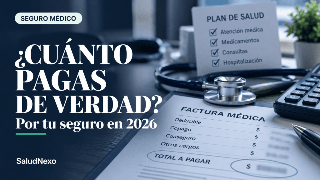 Factura médica junto a un estetoscopio y una calculadora, mostrando deducible, copago, coaseguro y el total a pagar por un seguro médico.
