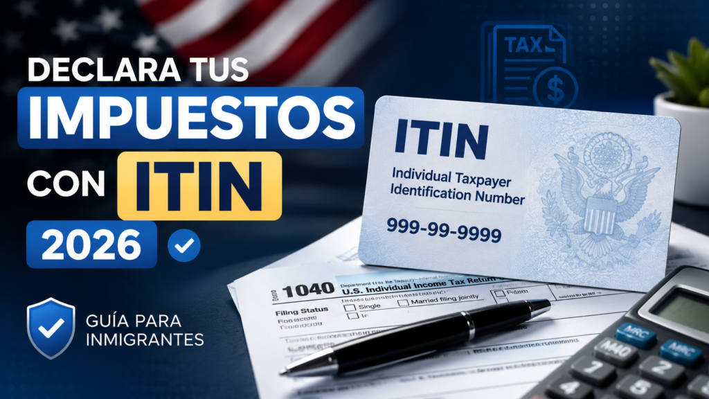 Tarjeta ITIN sobre formularios de impuestos 1040 con un bolígrafo y una calculadora, con una bandera de Estados Unidos desenfocada al fondo y el texto "Declara tus impuestos con ITIN 2026"