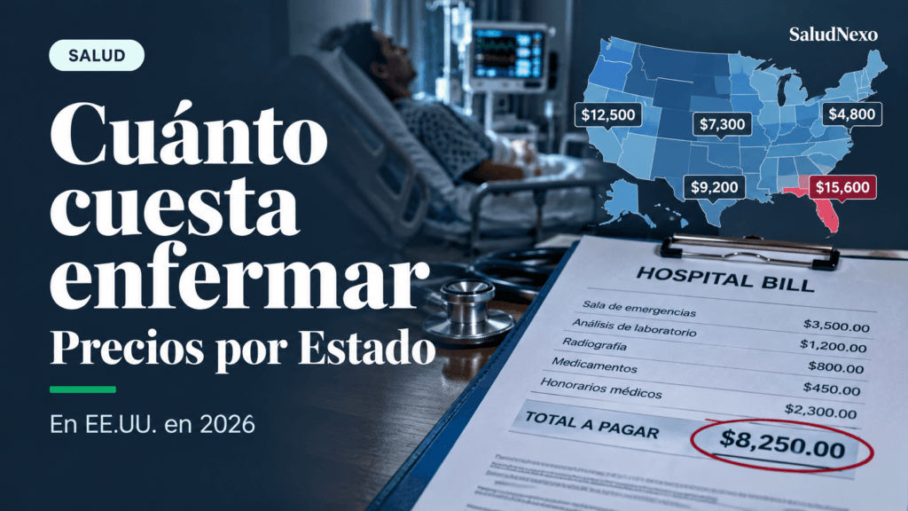 Escena hospitalaria junto a un mapa de EE. UU. con precios médicos por estado y una factura hospitalaria de $8.250.