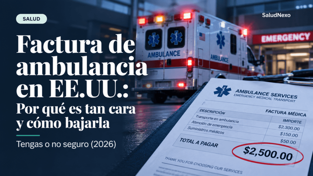 Ambulancia de EE. UU. frente a un hospital junto a una factura médica de $2.500 por servicios de transporte de emergencia.