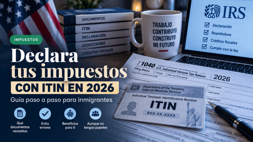Escritorio con formularios de impuestos de EE. UU., documento ITIN, ordenador con información fiscal, calculadora y bandera estadounidense, diseñado como guía visual para declarar impuestos en 2026.