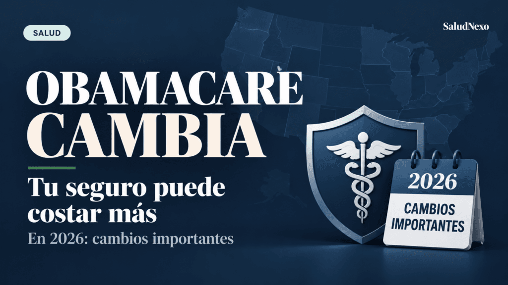 Diseño editorial sobre los cambios de Obamacare en 2026, con un mapa difuminado de EE. UU., un escudo médico y un calendario de cambios importantes.