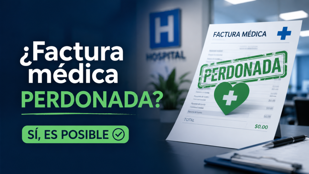 Factura médica de hospital marcada como perdonada sobre fondo azul