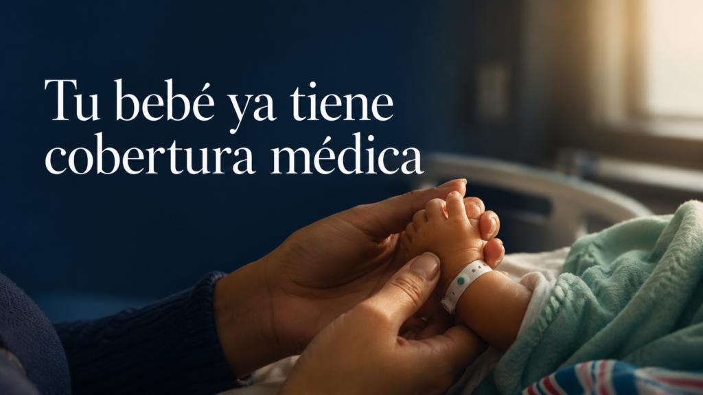 Manos de una madre sosteniendo con cariño el pie de su bebé recién nacido con pulsera de identificación de hospital, ilustrando la cobertura médica automática de Medicaid para bebés nacidos en Estados Unidos.