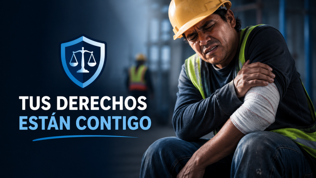 Trabajador latino con casco de obra y el brazo vendado tras sufrir una lesión laboral