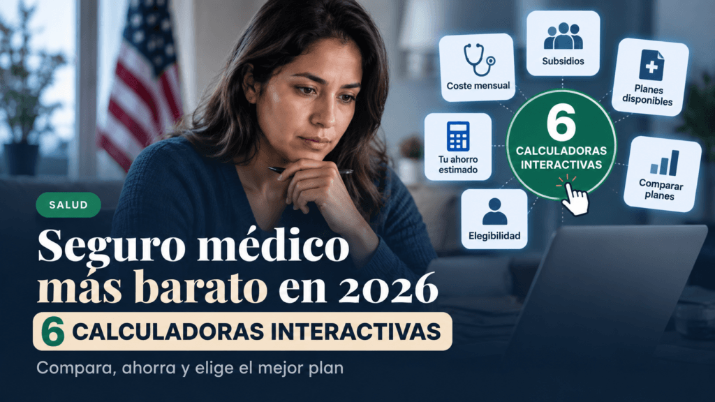 Mujer latina consultando un ordenador junto a seis calculadoras interactivas para comparar costes, subsidios, elegibilidad y planes de seguro médico en EE. UU. para 2026.