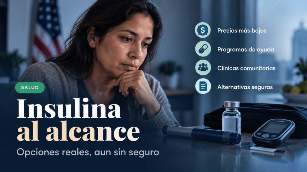 Mujer latina preocupada junto a un kit para controlar la diabetes, con insulina, glucómetro y material médico, en un entorno doméstico de EE. UU.