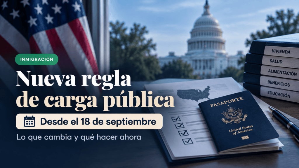 Documentos de inmigración, pasaporte estadounidense y formularios sobre carga pública, con el Capitolio de EE. UU. y una bandera estadounidense al fondo.