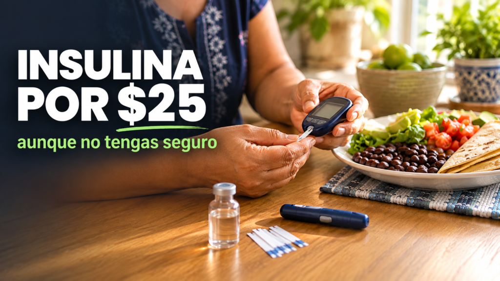 Persona latina revisando su nivel de azúcar con un glucómetro junto a un vial de insulina y comida saludable en casa, ilustrando cómo controlar la diabetes sin seguro médico.