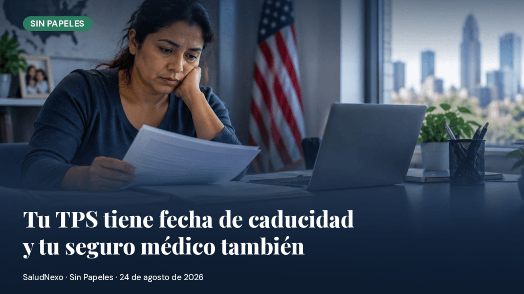 Una mujer latina revisa con preocupación unos documentos en su escritorio, con una bandera de Estados Unidos y su portátil abierto al fondo, junto a una foto familiar sobre la estantería.