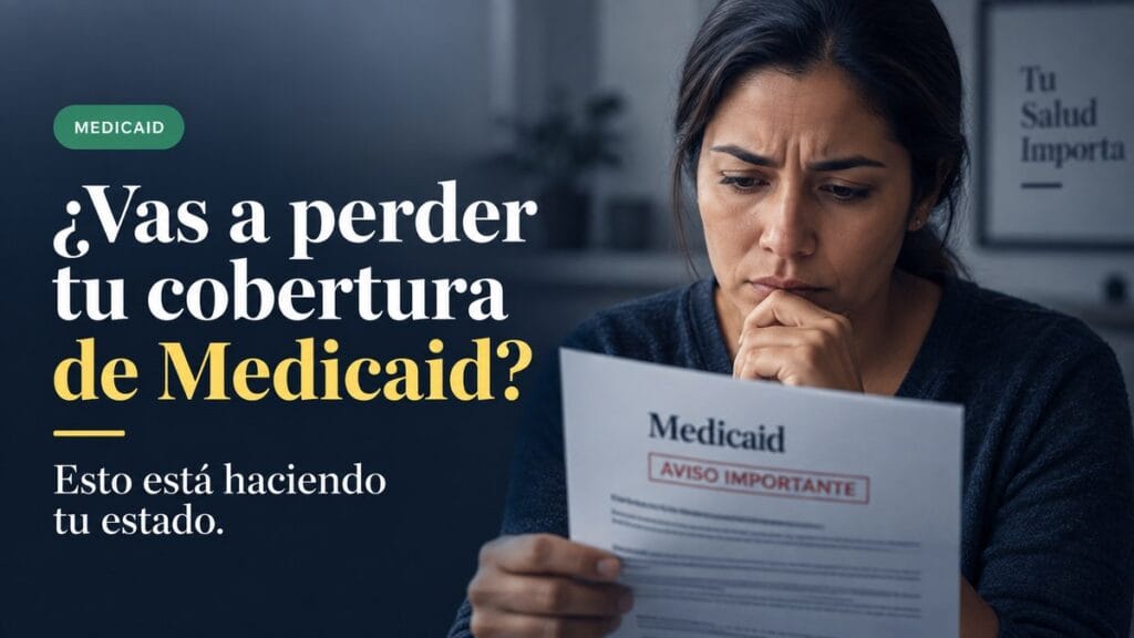 Mujer latina leyendo una carta de Medicaid con expresión preocupada, en un entorno doméstico, junto a un diseño editorial sobre la posible pérdida de cobertura médica.