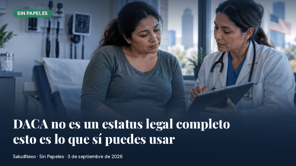 Una mujer latina con beneficiario DACA consulta con su médica en una sala de exploración; la doctora sostiene una tableta mientras revisan juntas sus opciones de seguro médico.