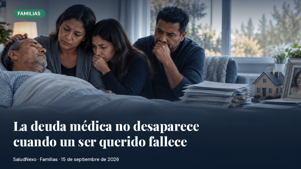 Familia angustiada junto a un paciente con cáncer en una habitación de hospital, rodeada de facturas médicas y documentos hipotecarios pendientes, mientras una fotografía familiar y una pequeña casa simbolizan las posibles deudas tras el fallecimiento de un ser querido.