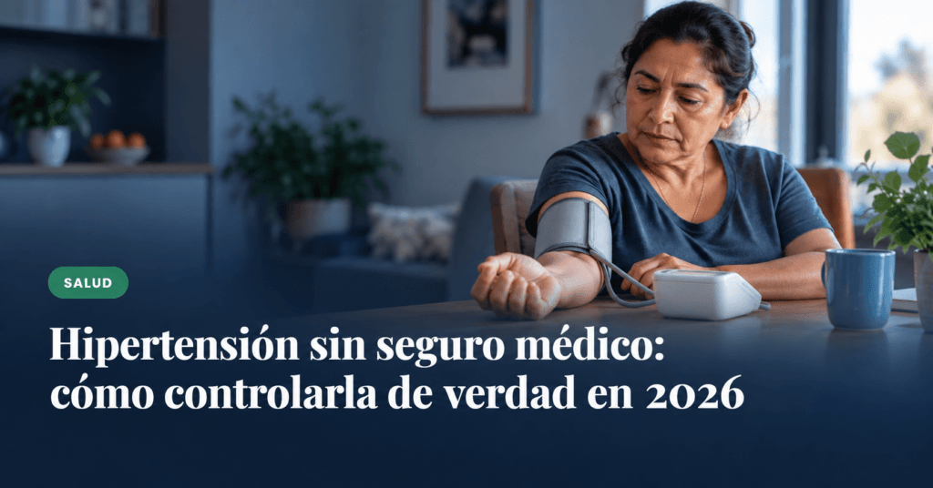 Mujer latina controlando su presión arterial en casa con un tensiómetro, en una escena tranquila y natural, para ilustrar cómo controlar la hipertensión sin seguro médico en 2026.