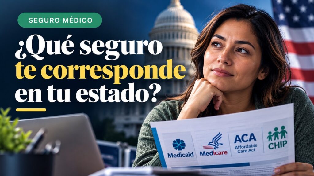 Mujer latina revisando opciones de seguro médico en Estados Unidos, con el Capitolio y referencias a Medicaid, Medicare, ACA y CHIP al fondo, en un diseño editorial azul oscuro y amarillo.