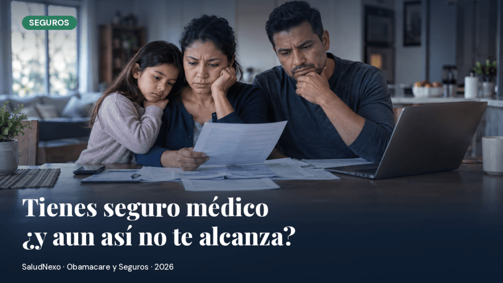 Familia preocupada por su seguro, la mesa llena de papeles y la mujer sujetando un documento con cara de preocupación.