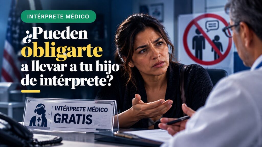 Mujer latina hablando con un médico en una consulta, junto a un cartel sobre el servicio gratuito de interpretación médica, en un diseño editorial azul oscuro con texto blanco y amarillo.
