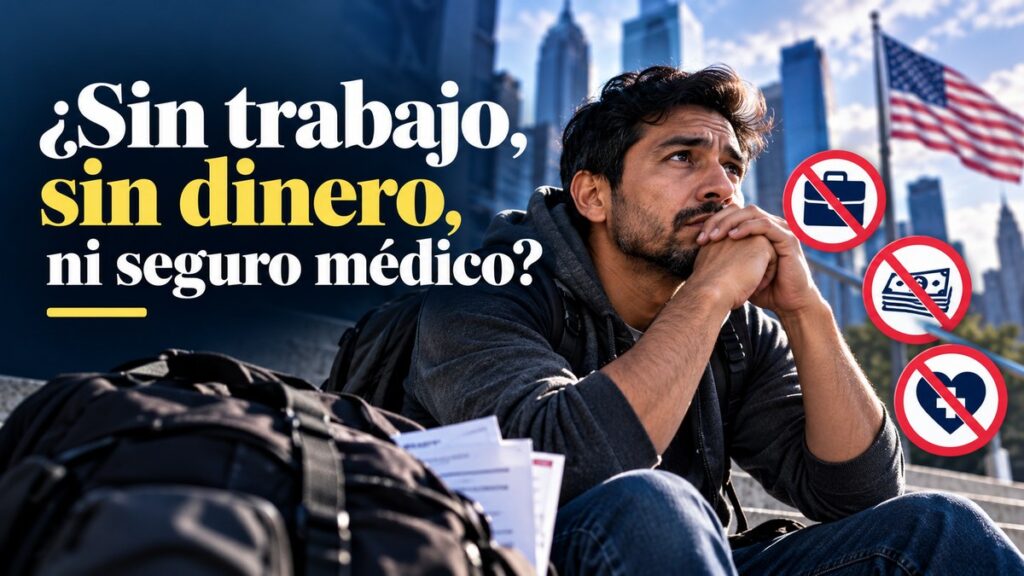 Hombre latino preocupado, sentado frente al perfil urbano de una ciudad estadounidense, con una mochila y documentos, junto al mensaje «¿Sin trabajo, sin dinero, ni seguro médico?», en un diseño editorial azul marino, blanco y amarillo